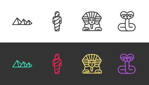 Set line Egypt pyramids, mummy, Sphinx and Snake on black and white. Vector Stock Illustration