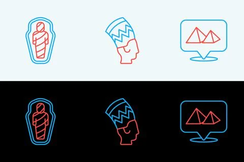 Set line Egypt pyramids, mummy in sarcophagus and Nefertiti icon. Vector Stock Illustration