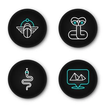 Set line Egypt pyramids, Snake,  and Tropical palm tree icon. Vector Stock Illustration