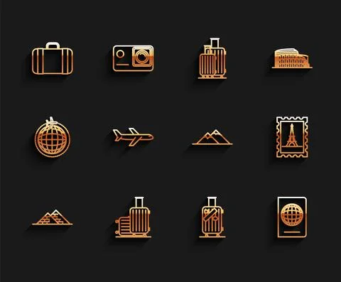 Set line Egypt pyramids, Suitcase for travel, and stickers, Passport with Ilustração Stock