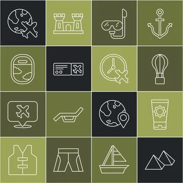 Set line Egypt pyramids, Sunscreen cream in tube, Hot air balloon, Diving m.. Stock Illustration