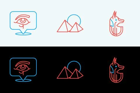 Set line Egyptian anubis, Eye of Horus and pyramids icon. Vector Stock Illustration