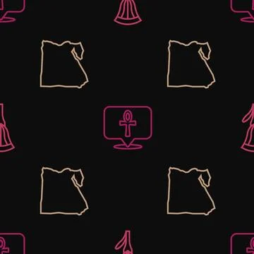 Set line Egyptian lotus, Map of and Cross ankh on seamless pattern. Vector 스톡 일러스트