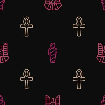 Set line Egyptian pharaoh, Cross ankh and mummy on seamless pattern. Vector Stock Illustration