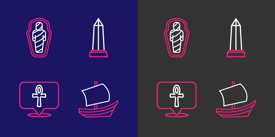 Set line Egyptian ship, Cross ankh, Obelisk of Alexandria and mummy in sarc.. Ilustración de archivo
