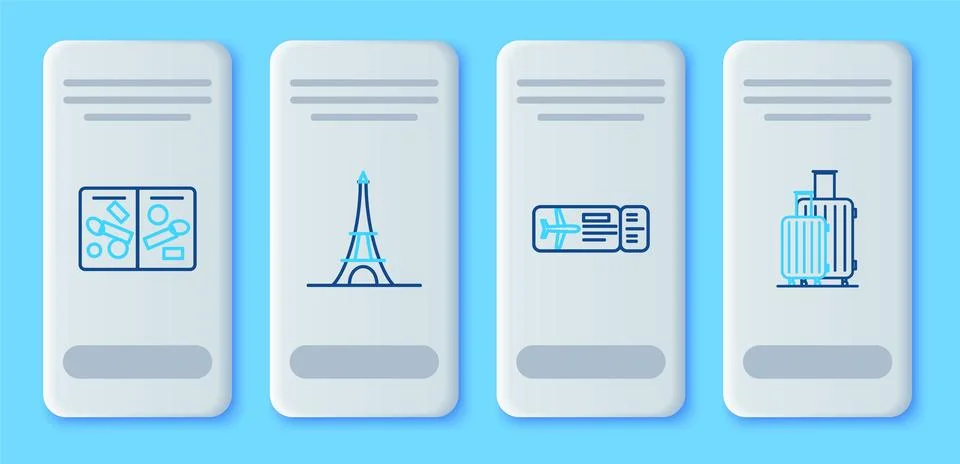 Set line Eiffel tower, Airline ticket, Passport pages with visa stamps and Stock Illustration