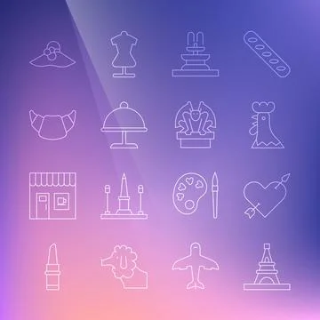 Set line Eiffel tower, Amour with heart and arrow, French rooster, Fountain Stock Illustration