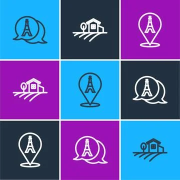 Set line Eiffel tower,  and Village landscape icon. Vector Illustrazione stock