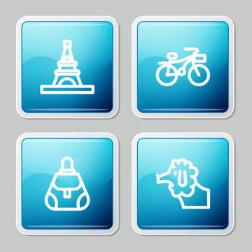 Set line Eiffel tower, Bicycle, Handbag and Poodle dog icon. Vector Illustrazione stock