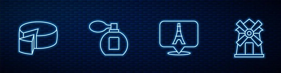 Set line Eiffel tower, Cheese, Perfume and Windmill. Glowing neon icon on brick Illustrazione stock