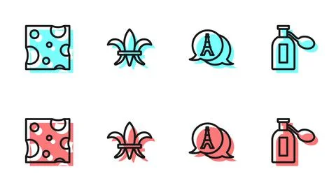 Set line Eiffel tower, Cheese, Fleur De Lys and Perfume icon. Vector Illustrazione stock