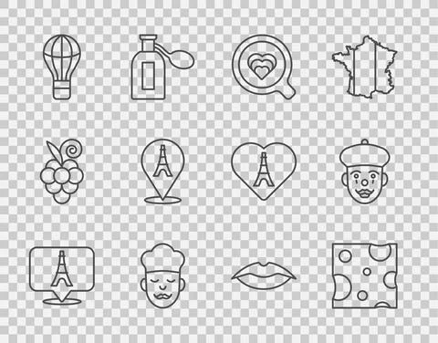 Set line Eiffel tower, Cheese, Coffee cup, Cook, Hot air balloon, Smiling lips Stock-Illustration