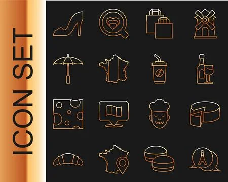 Set line Eiffel tower, Cheese, Wine bottle with glass, Paper shopping bag, Map Stock Illustration