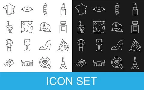 Set line Eiffel tower, Cheese, Perfume, French baguette bread, Wine bottle .. Stock Illustration