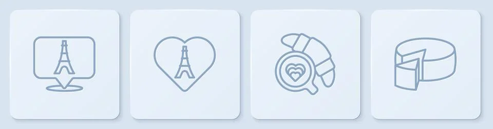 Set line Eiffel tower, Coffee cup with croissant, heart and Cheese. White squ イラスト素材