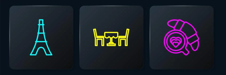 Set line Eiffel tower, Coffee cup with croissant and French cafe. Black square 스톡 일러스트