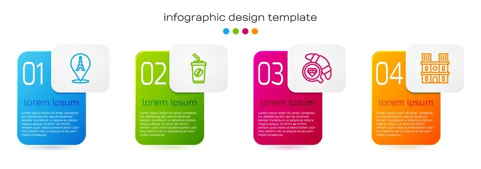 Set line Eiffel tower, Coffee cup go, with croissant and Notre Dame de Paris Stock Illustration