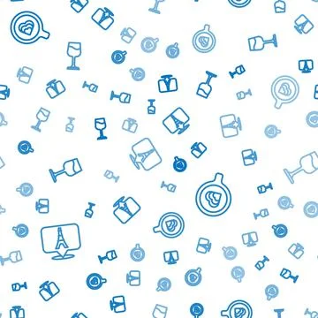 Set line Eiffel tower, Coffee cup and Wine glass on seamless pattern. Vector Stock Illustration