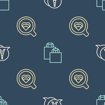 Set line Eiffel tower, Coffee cup and Paper shopping bag on seamless pattern Stock Illustration