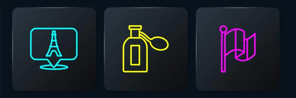 Set line Eiffel tower, Flag France and Perfume. Black square button. Vector 库存插图