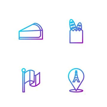 Set line Eiffel tower, Flag France, Cherry cheesecake slice and French baguette Stock Illustration