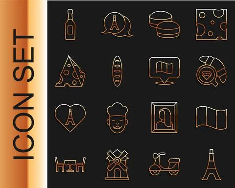 Set line Eiffel tower, Flag France, Coffee cup with croissant, Macaron cookie Stock Illustration