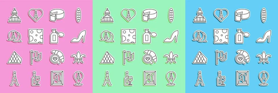 Set line Eiffel tower, Fleur De Lys, Woman shoe, Cheese, Museum building and Ilustración de archivo