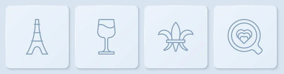 Set line Eiffel tower, Fleur De Lys, Wine glass and Coffee cup. White square 스톡 일러스트