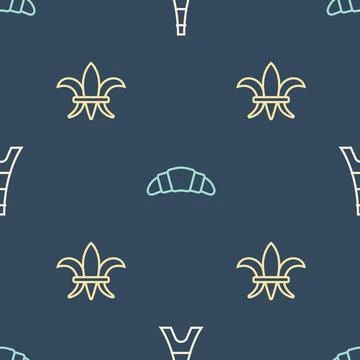 Set line Eiffel tower, Fleur De Lys and Croissant on seamless pattern. Vector Illustrazione stock