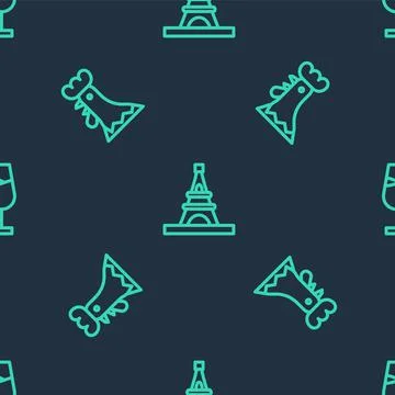 Set line Eiffel tower, French rooster and Wine glass on seamless pattern. Vector 스톡 일러스트