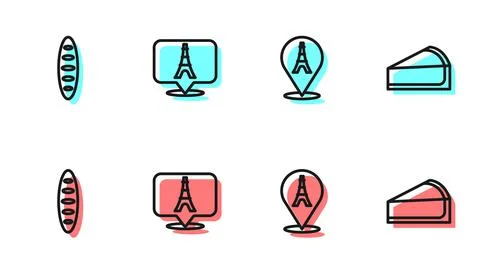 Set line Eiffel tower, French baguette bread, and Cherry cheesecake slice icon Illustrazione stock