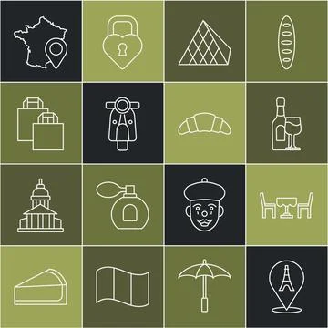 Set line Eiffel tower, French cafe, Wine bottle with glass, Louvre pyramid,.. Stock-Illustration