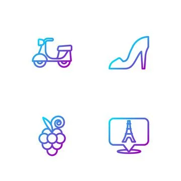 Set line Eiffel tower, Grape fruit, Scooter and Woman shoe. Gradient color icons 스톡 일러스트