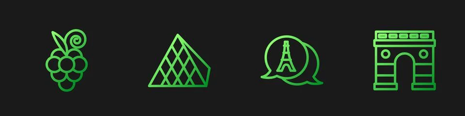 Set line Eiffel tower, Grape fruit, Louvre glass pyramid and Triumphal Arch Stock-Illustration