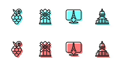 Set line Eiffel tower, Grape fruit, Windmill and Museum building icon. Vector Ilustración de archivo