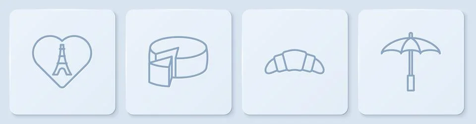 Set line Eiffel tower with heart, Croissant, Cheese and Umbrella for beach 库存插图