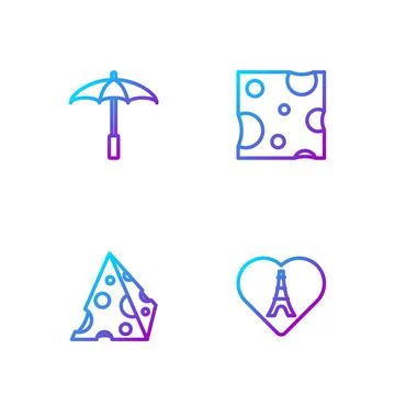 Set line Eiffel tower with heart, Cheese, Umbrella for beach and . Gradient Stock Illustration