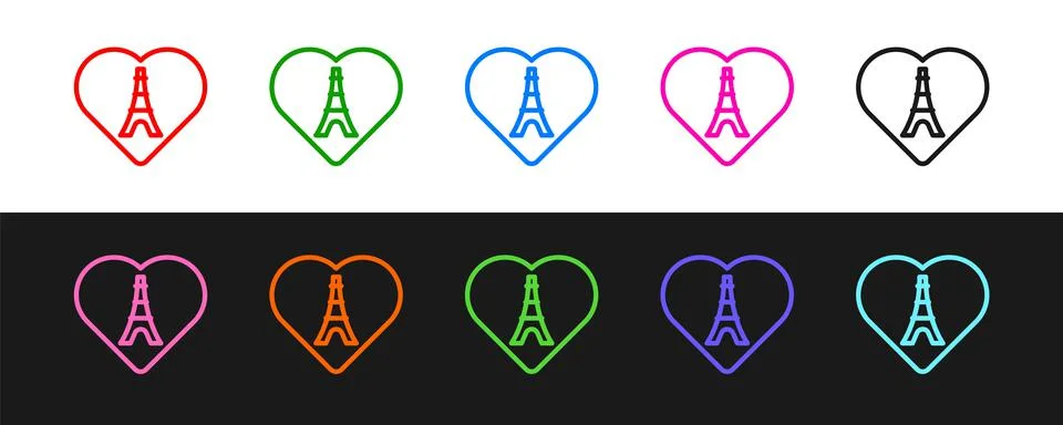 Set line Eiffel tower with heart icon isolated on black and white background Stock Illustration