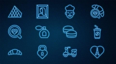 Set line Eiffel tower with heart, Coffee cup go, Cook, Perfume, Louvre glass Stock Illustration