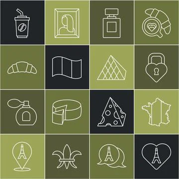 Set line Eiffel tower with heart, Map of France, Castle in the shape, Perfume Stock Illustration