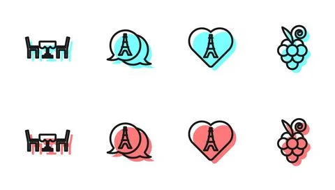 Set line Eiffel tower with heart, French cafe, and Grape fruit icon. Vector イラスト素材