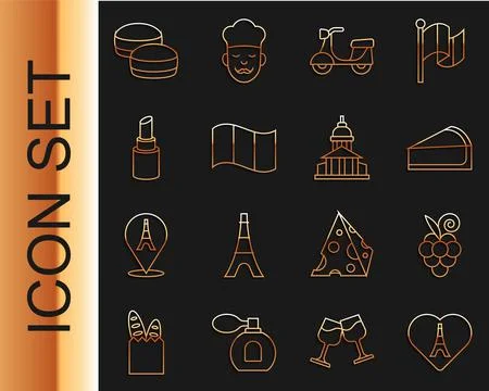 Set line Eiffel tower with heart, Grape fruit, Cherry cheesecake slice, Scoot Stock-Illustration