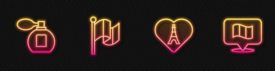 Set line Eiffel tower with heart, Perfume, Flag France and . Glowing neon icon Stock Illustration