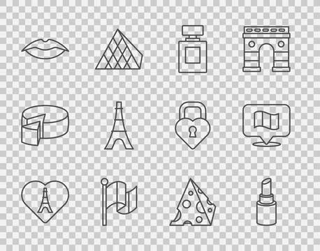 Set line Eiffel tower with heart, Lipstick, Perfume, Flag France, Smiling lips Stockillustratie