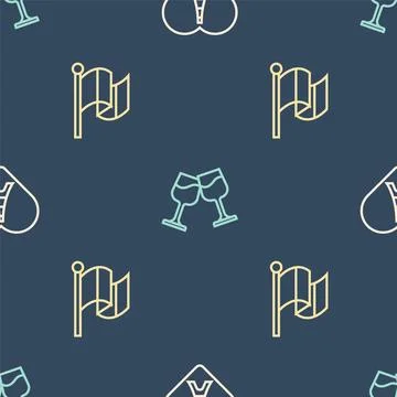 Set line Eiffel tower with heart, Flag France and Wine glass on seamless pattern Stock Illustration