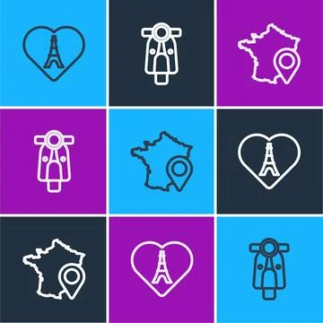 Set line Eiffel tower with heart, Map of France and Scooter icon. Vector 库存插图