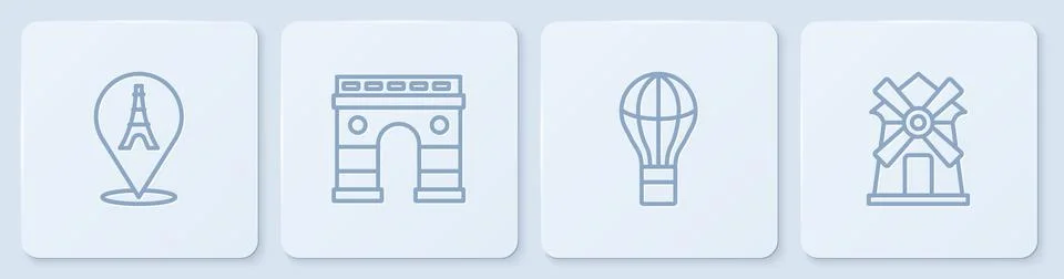 Set line Eiffel tower, Hot air balloon, Triumphal Arch and Windmill. White sq Illustrazione stock