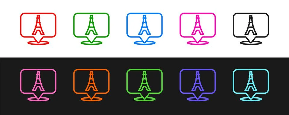 Set line Eiffel tower icon isolated on black and white background. France Par Illustrazione stock