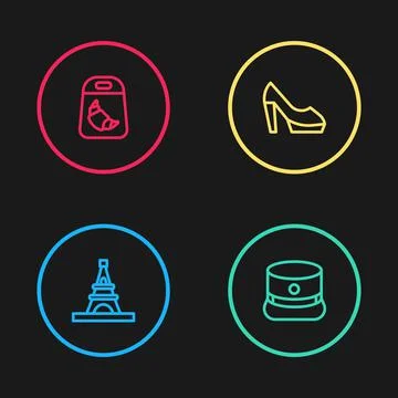 Set line Eiffel tower, Kepi, Woman shoe and Croissant package icon. Vector Stock Illustration