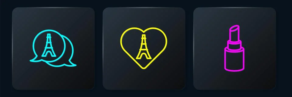 Set line Eiffel tower, Lipstick and with heart. Black square button. Vector Illustrazione stock